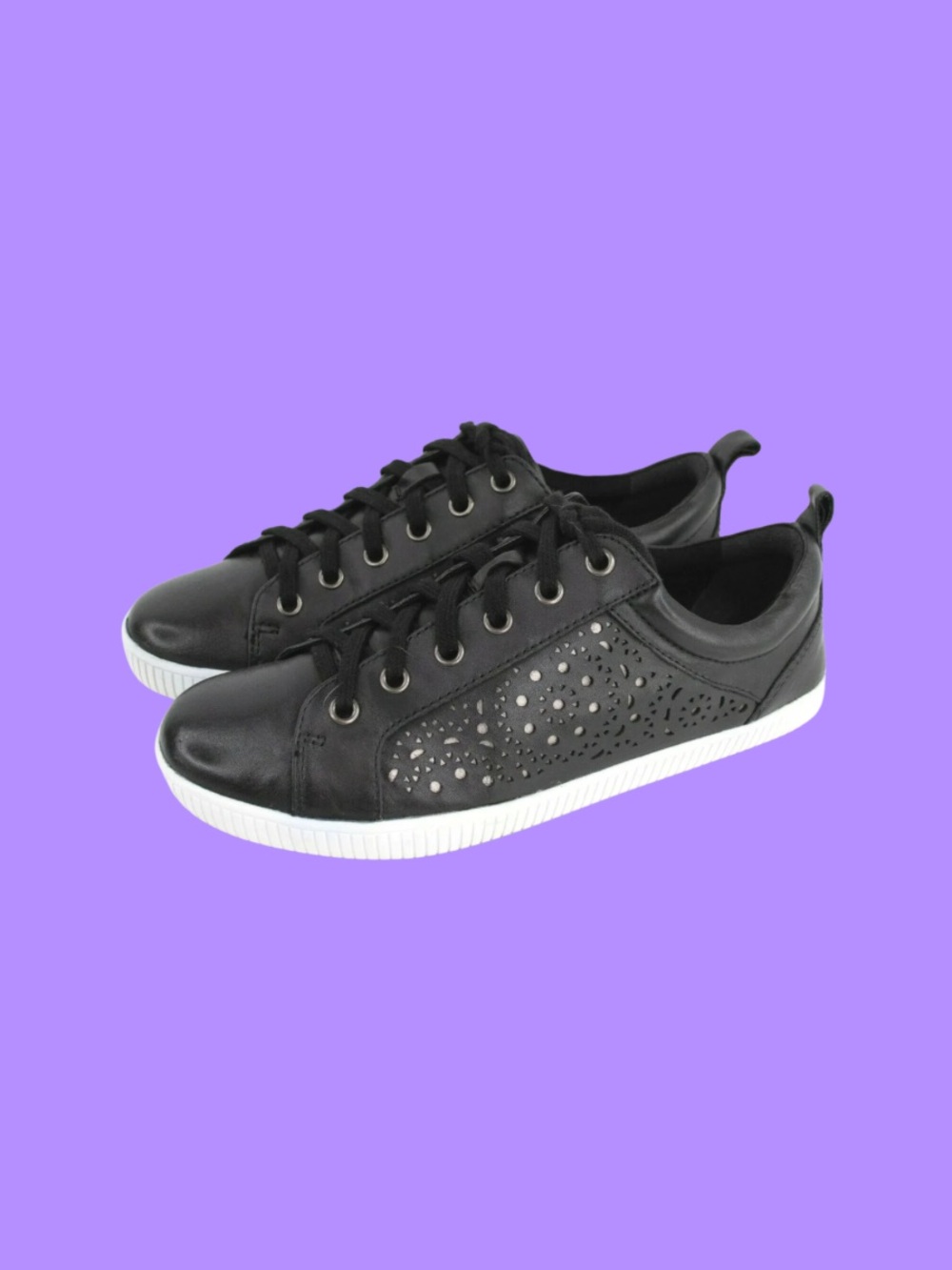 Black Laser-Cut Lace-Up Sneakers with White Sole